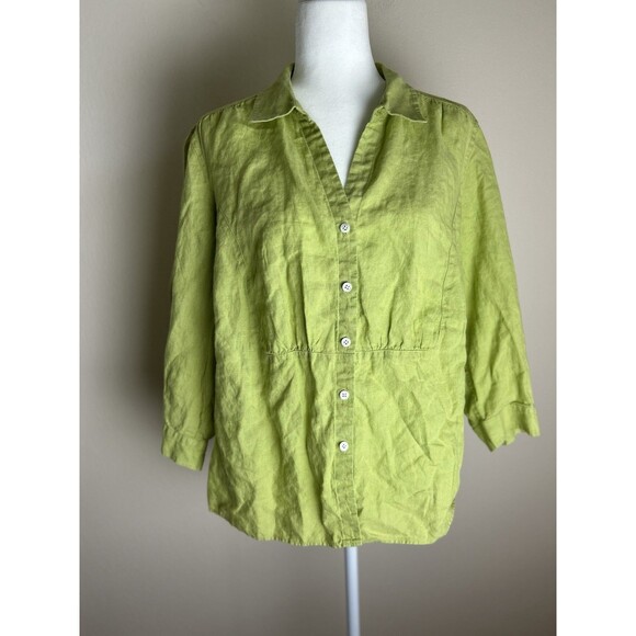 Talbots Womens Blouse 14W Plus Irish Linen Green Button Up Shirt Peasant Boho - Picture 1 of 6